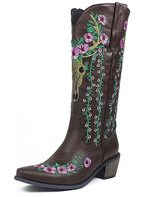 2023 New Cowgirl Boots Western Pointed Toe Chunky Vintgae Wedding Western Mid Calf Boots