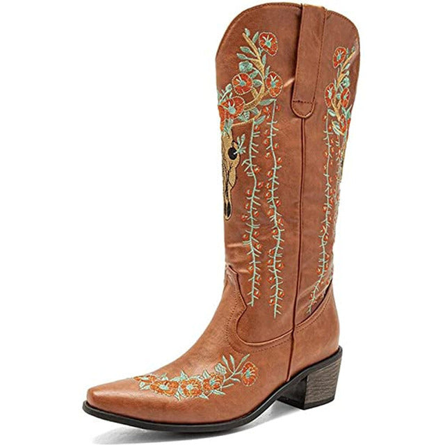 2023 New Cowgirl Boots Western Pointed Toe Chunky Vintgae Wedding Western Mid Calf Boots