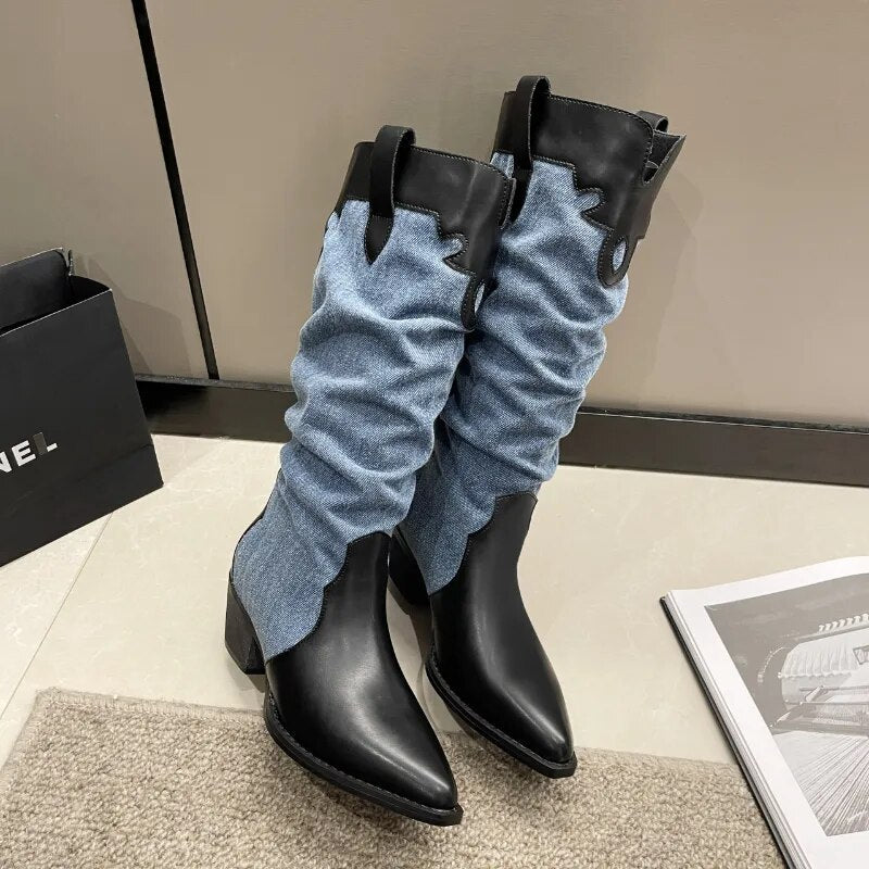 2023 New Western Cowboy Boots for Women Autumn Winter Pointed Toe