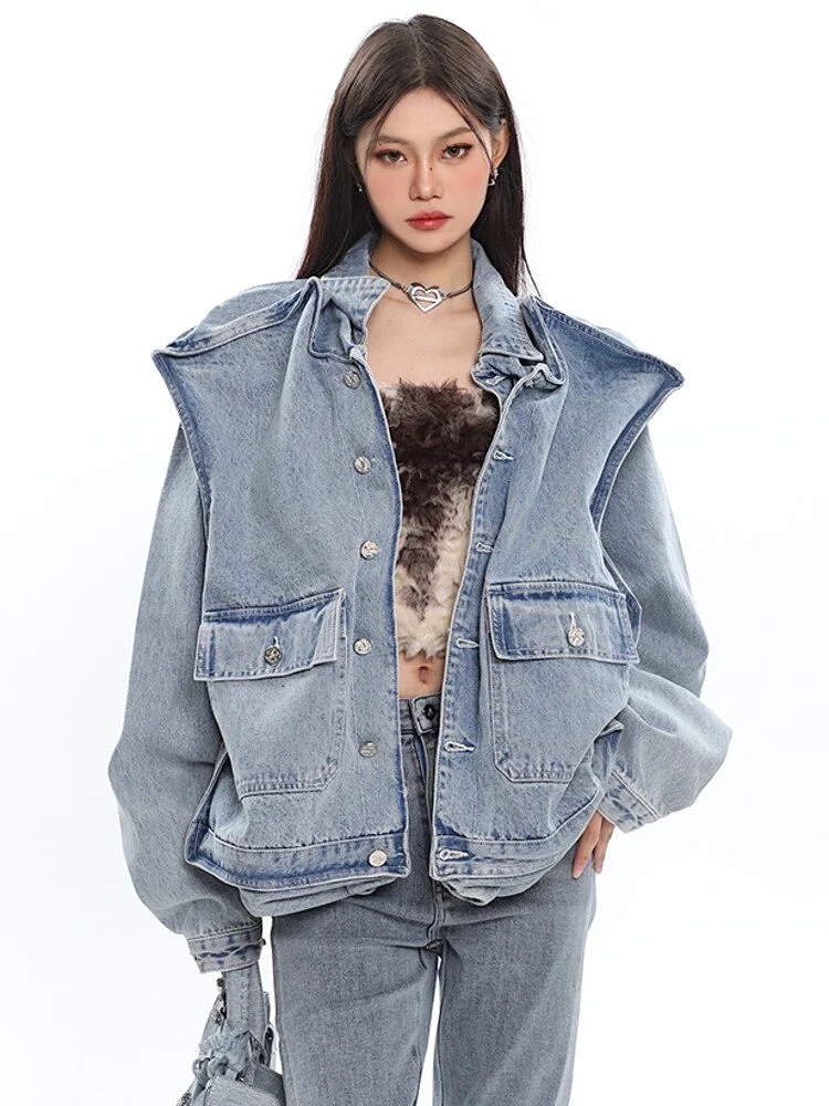 3D Shoulder INNOVATIVE Denim Jacket Oversize Long Sleeve Cool Coat For Women