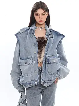 3D Shoulder INNOVATIVE Denim Jacket Oversize Long Sleeve Cool Coat For Women