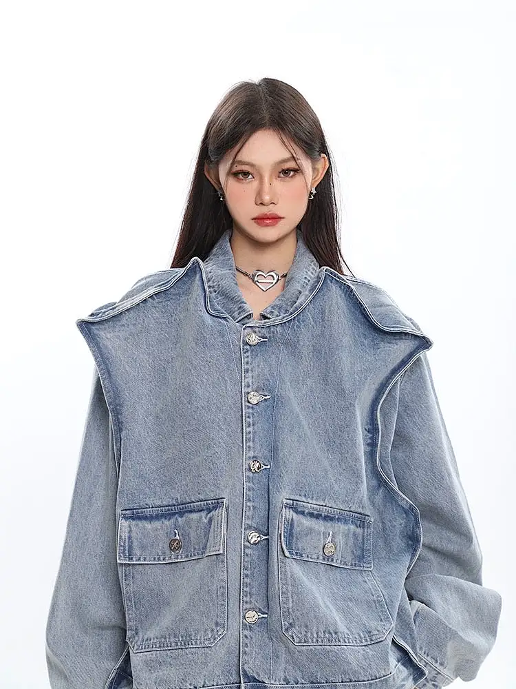 3D Shoulder INNOVATIVE Denim Jacket Oversize Long Sleeve Cool Coat For Women