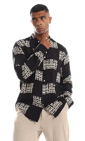 97832 Holiday Printed Royan Button Down Shirt - Black & Beige