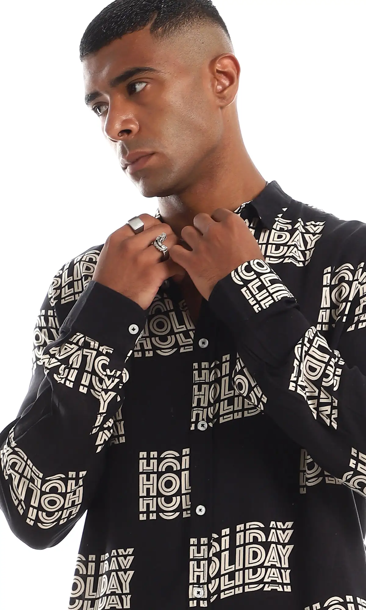 97832 Holiday Printed Royan Button Down Shirt - Black & Beige