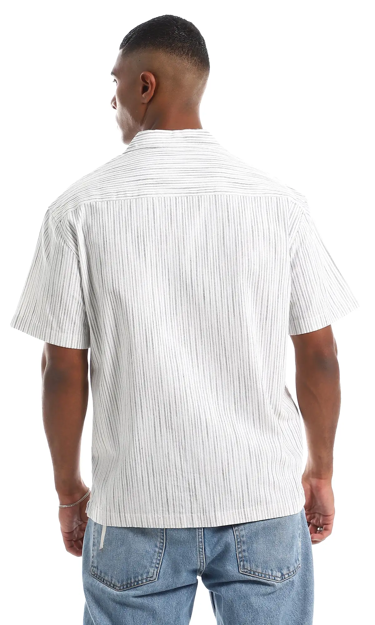 97876 Stripe Patterned Short Sleeves White & Black Button Down Shirt