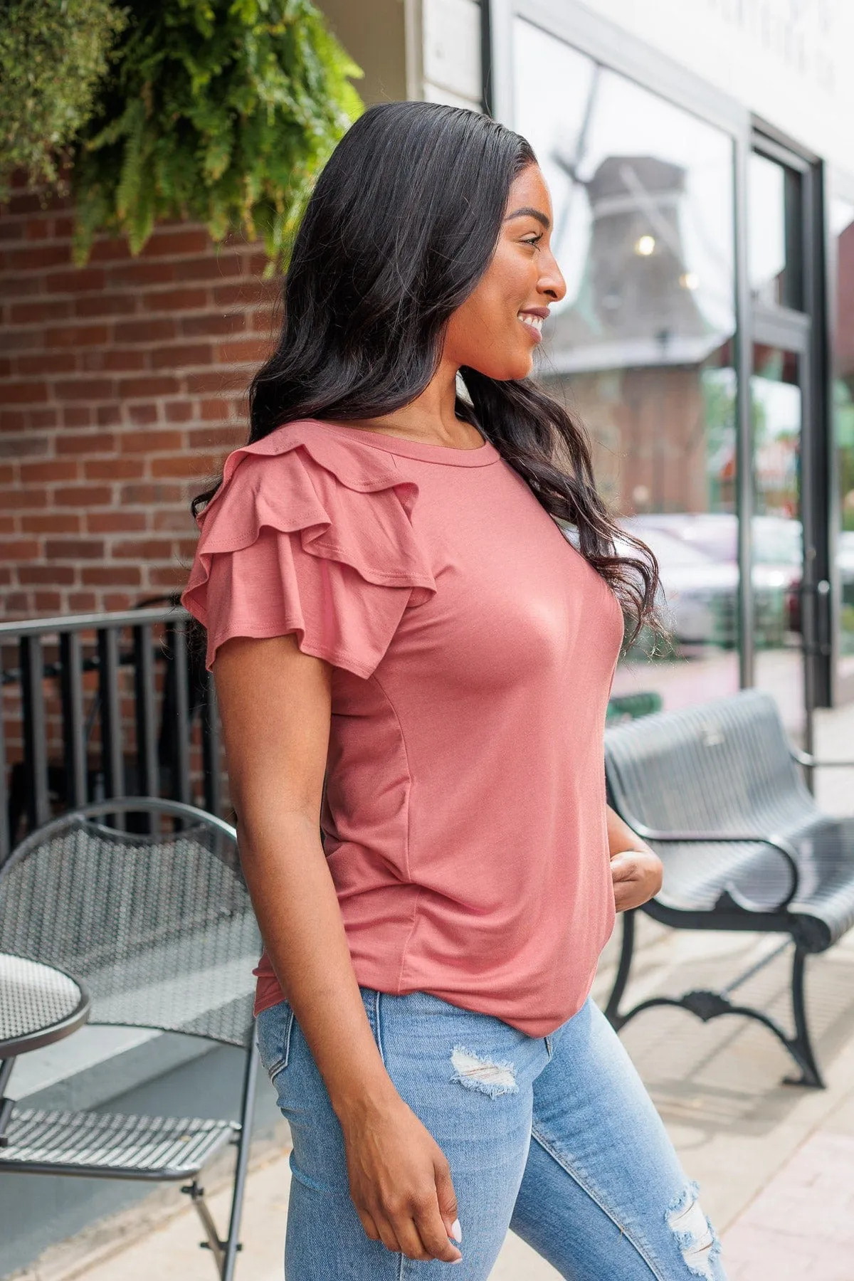 Almost There Tiered Flutter Sleeve Shirt- Rose