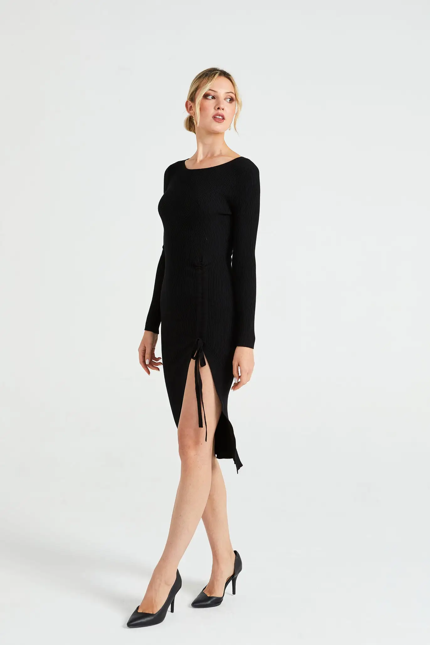 Angeleye Bodycon Ribbed Knit Midi Dress With Drawstring Leg