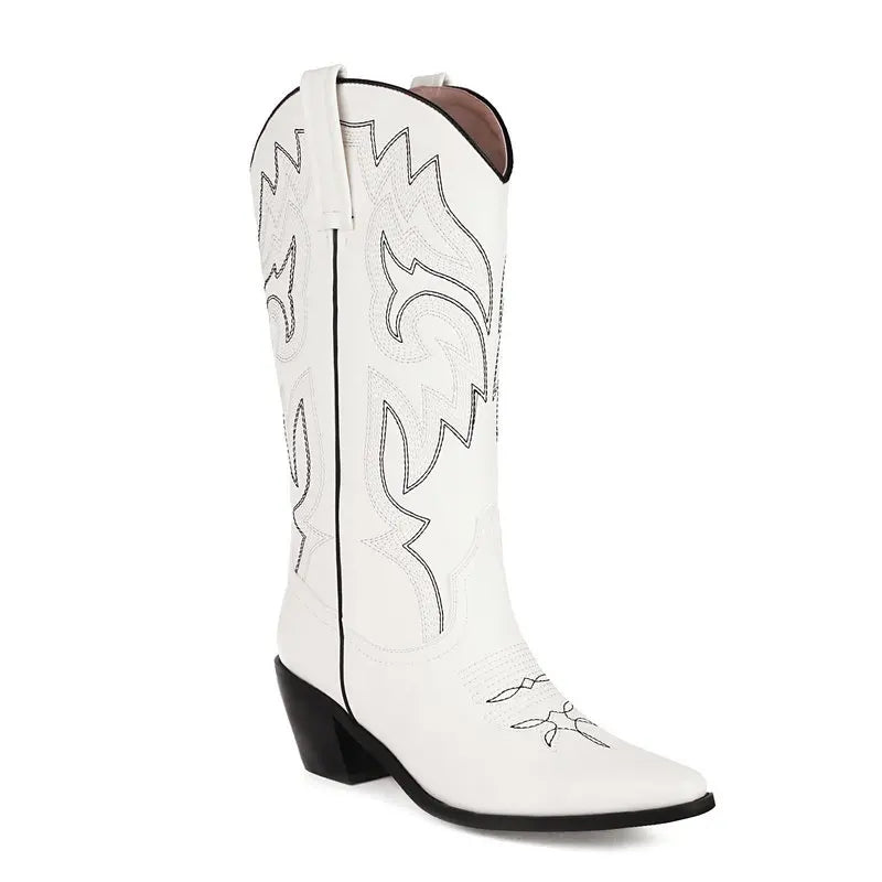 Black Knee High Western Cowboy Boots For Women Embroidered White Pointed Toe Shoes White Wide Calf Cowgirl Boots