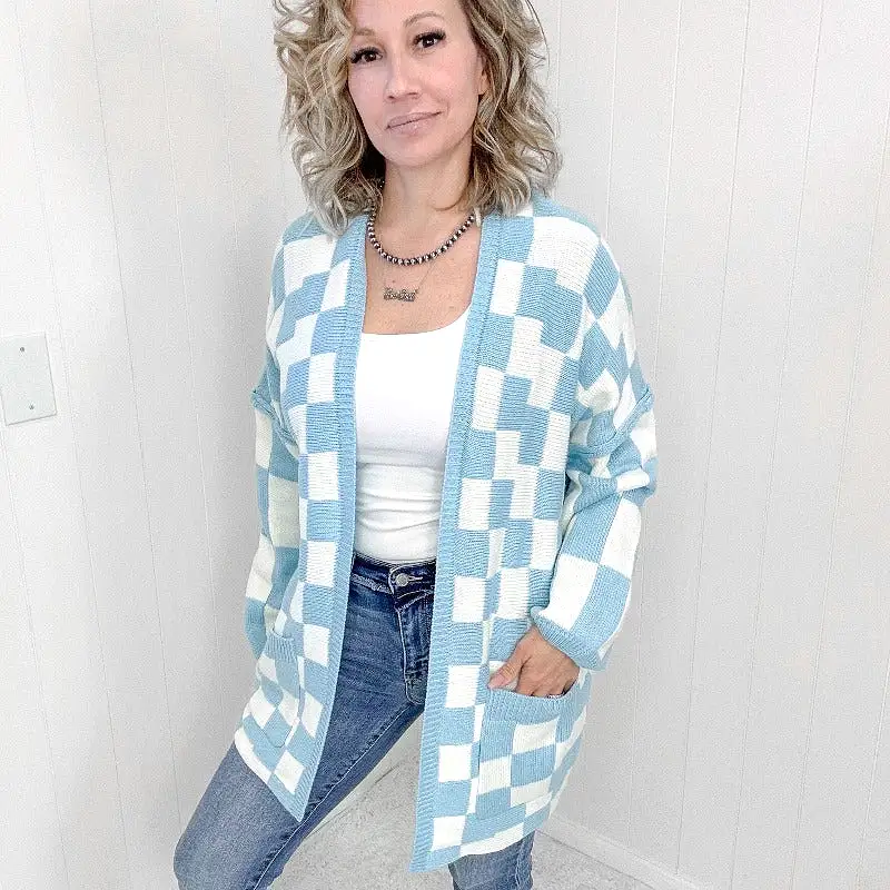 Blakeley Blue Beverly Checkered Print Open Front Cardigan