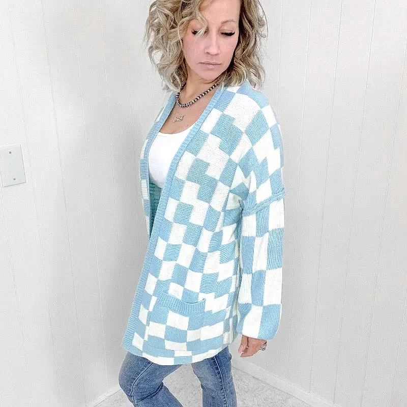 Blakeley Blue Beverly Checkered Print Open Front Cardigan