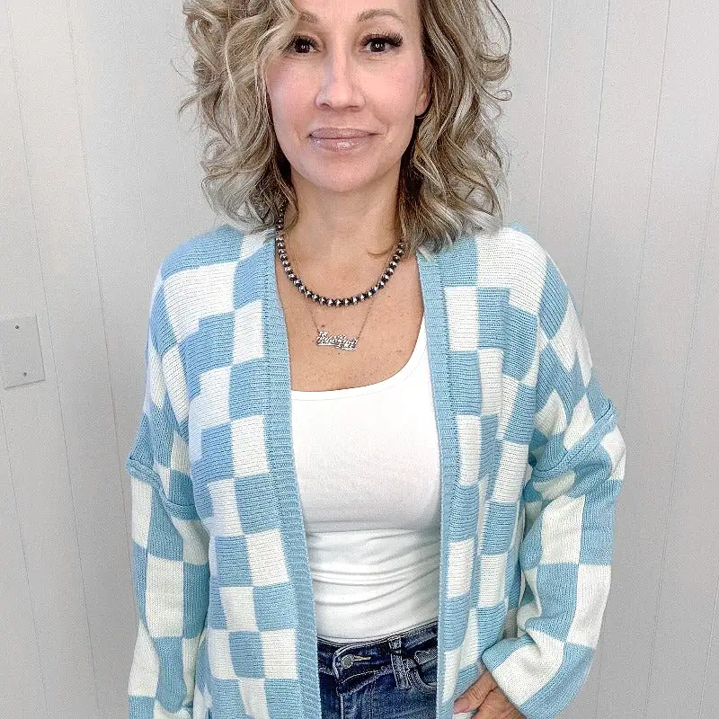 Blakeley Blue Beverly Checkered Print Open Front Cardigan