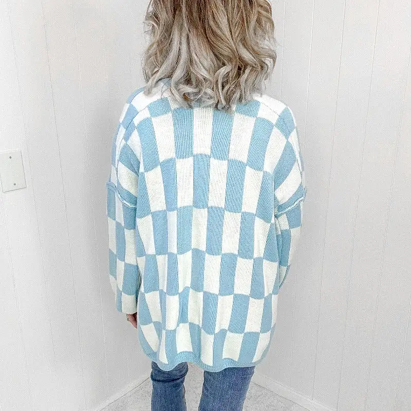 Blakeley Blue Beverly Checkered Print Open Front Cardigan