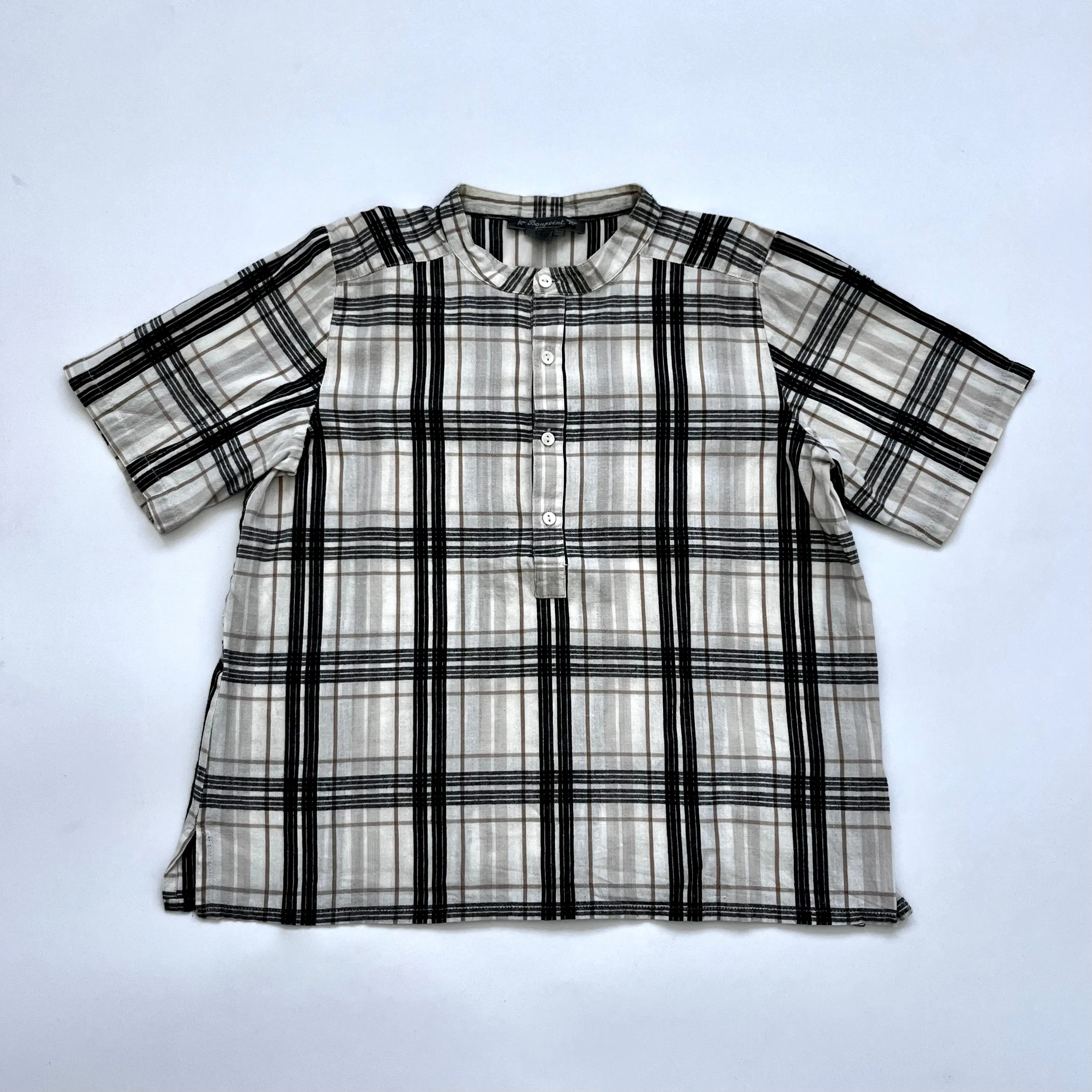 Bonpoint Check Collarless Short Sleeve Shirt: 8 - 10 Years