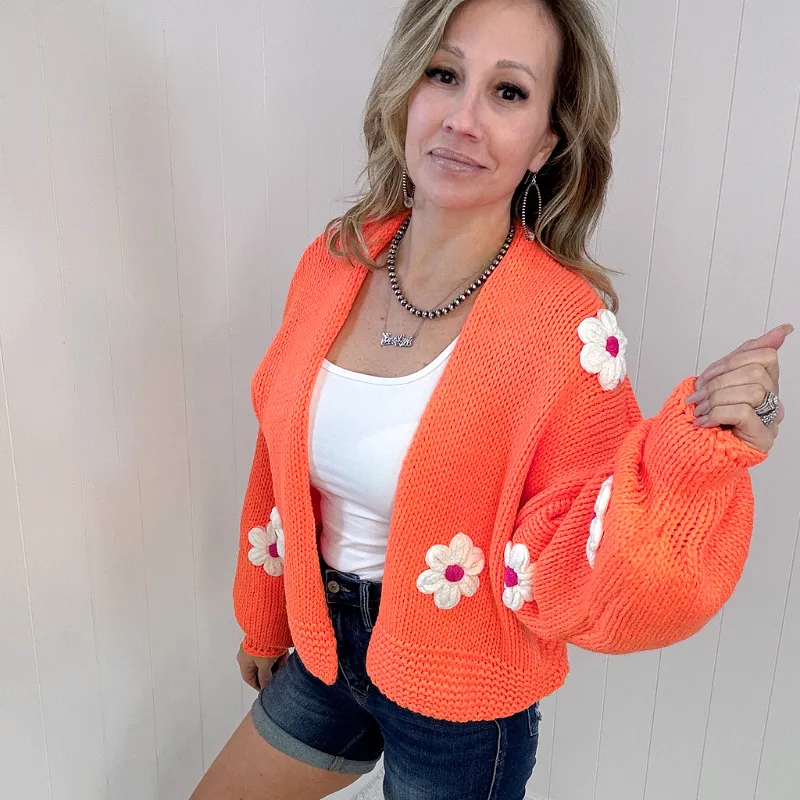 Bright Orange Flower Chunky Sweater Knit Cardigan