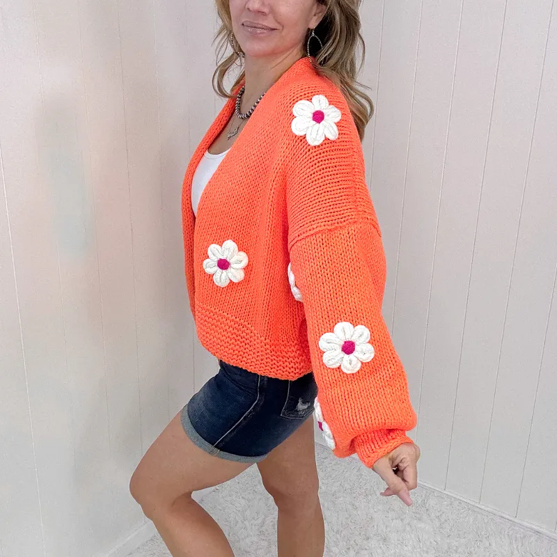 Bright Orange Flower Chunky Sweater Knit Cardigan