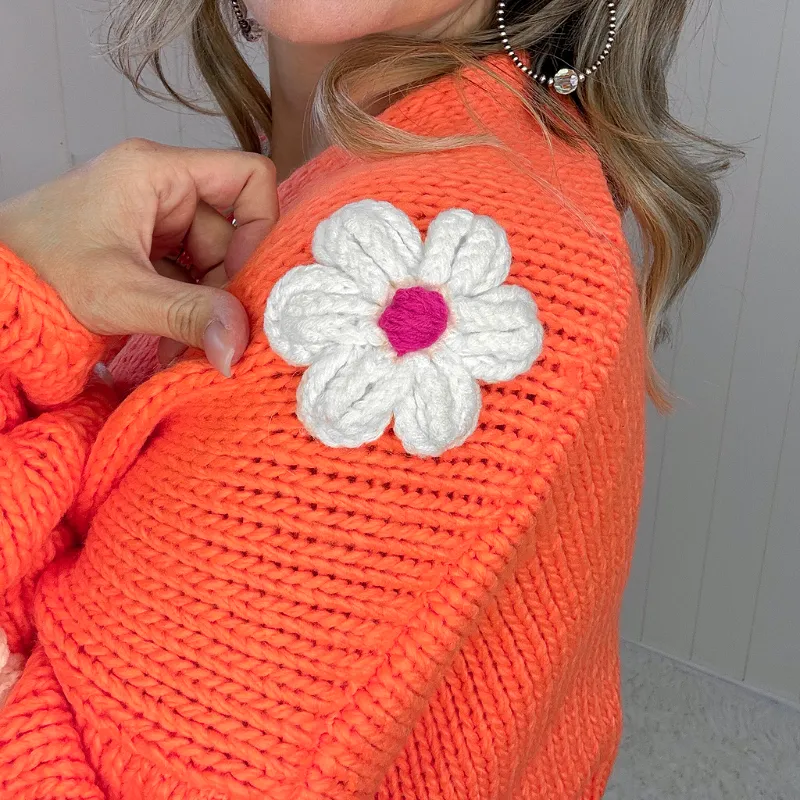 Bright Orange Flower Chunky Sweater Knit Cardigan