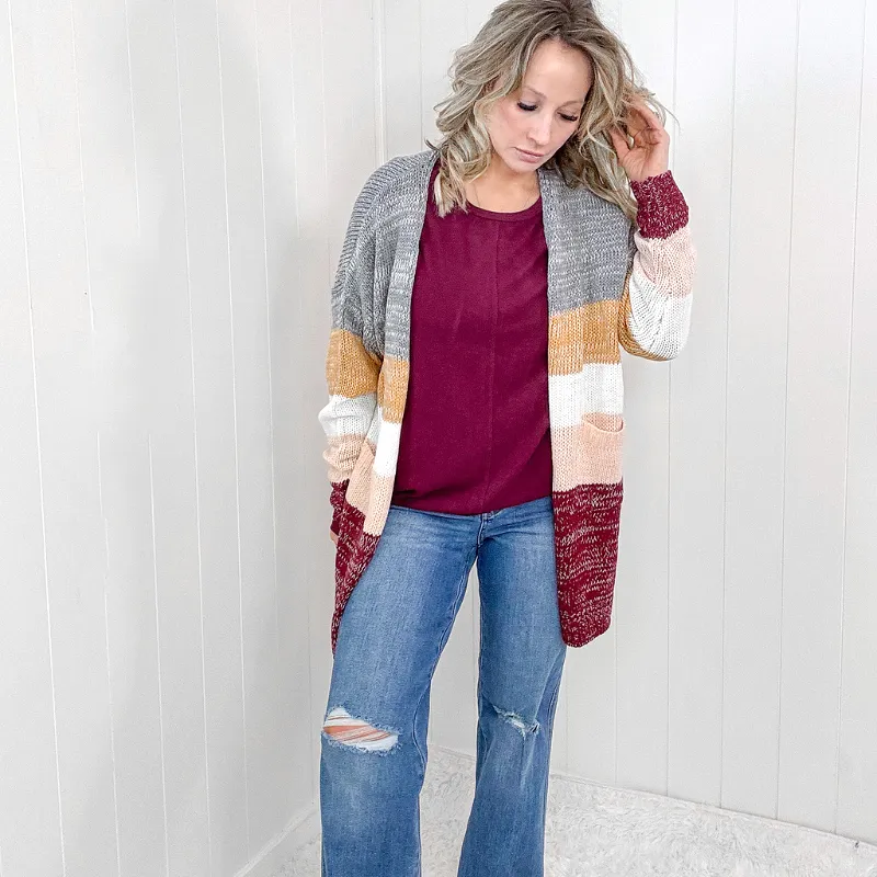 Bring the Warmth Lightweight Sweater Color Block Cardigan