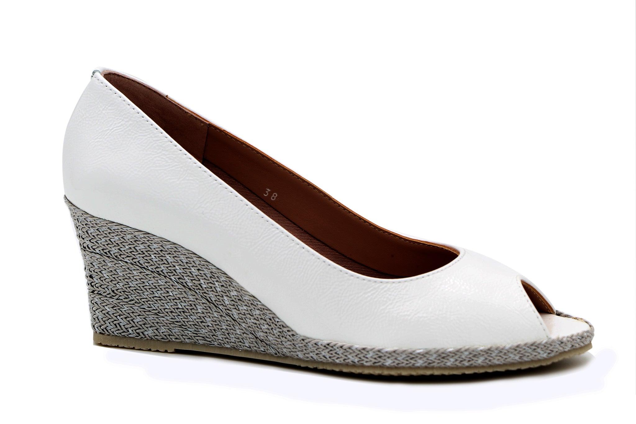 Bruno's White Patent Peep Toe Wedge shoe