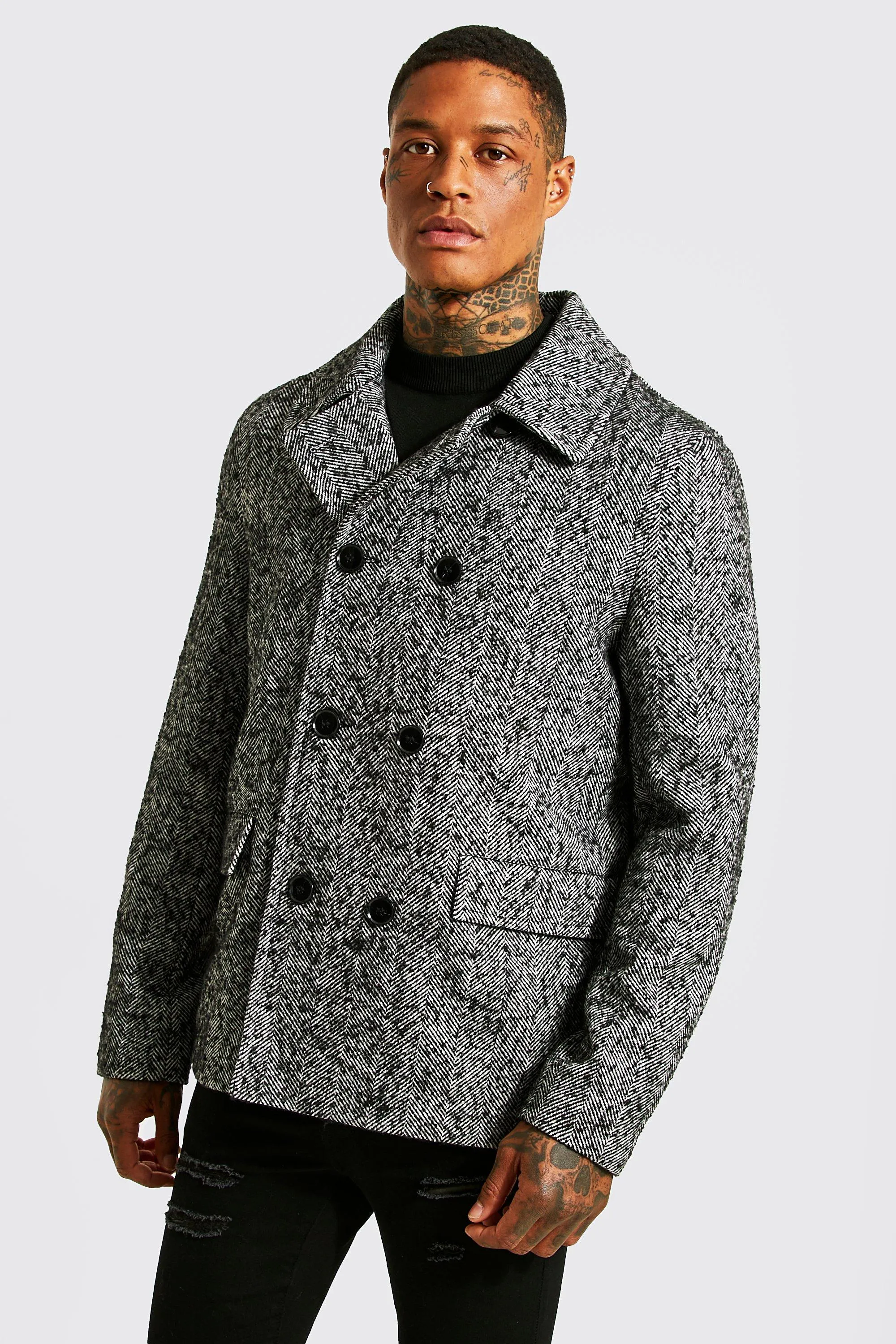 Brushed Herringbone Double Breasted Peacoat | boohooMAN UK