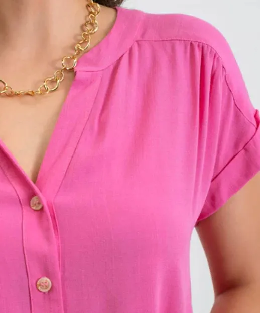 Button Down Shirt with Roll Sleeves - Pink