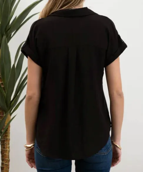 Button Down Top with Short Sleeves - Black