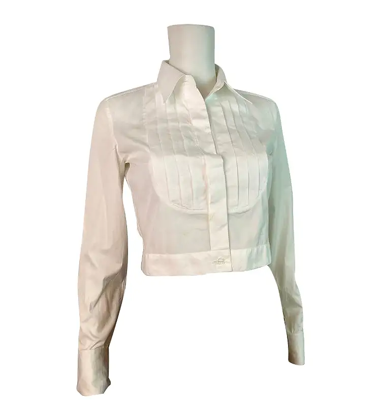 Chanel Vintage White Cotton Pleated Button Down Shirt Top Blouse Size 2