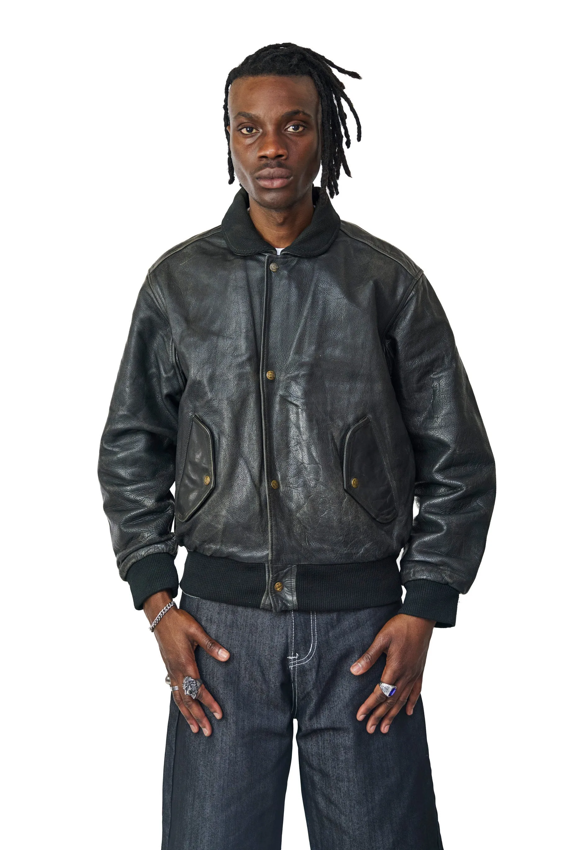 Chevignon Washed Black Classic Leather Bomber Jacket