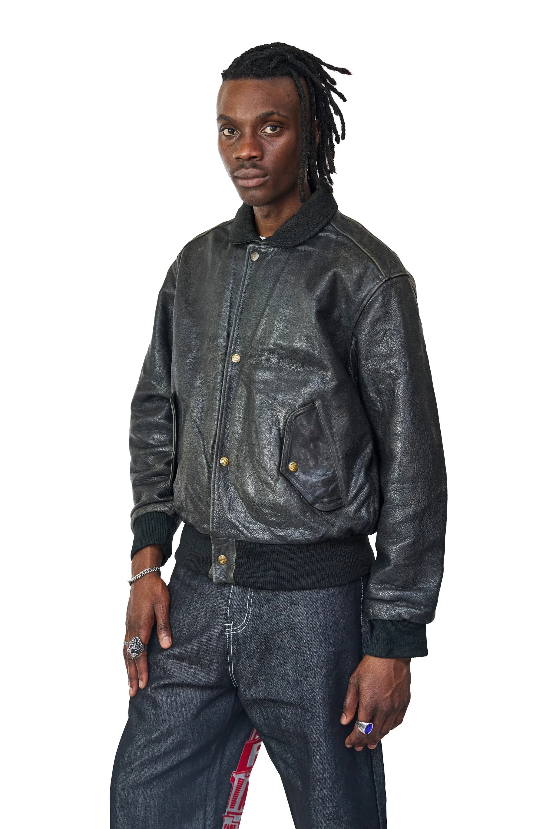 Chevignon Washed Black Classic Leather Bomber Jacket