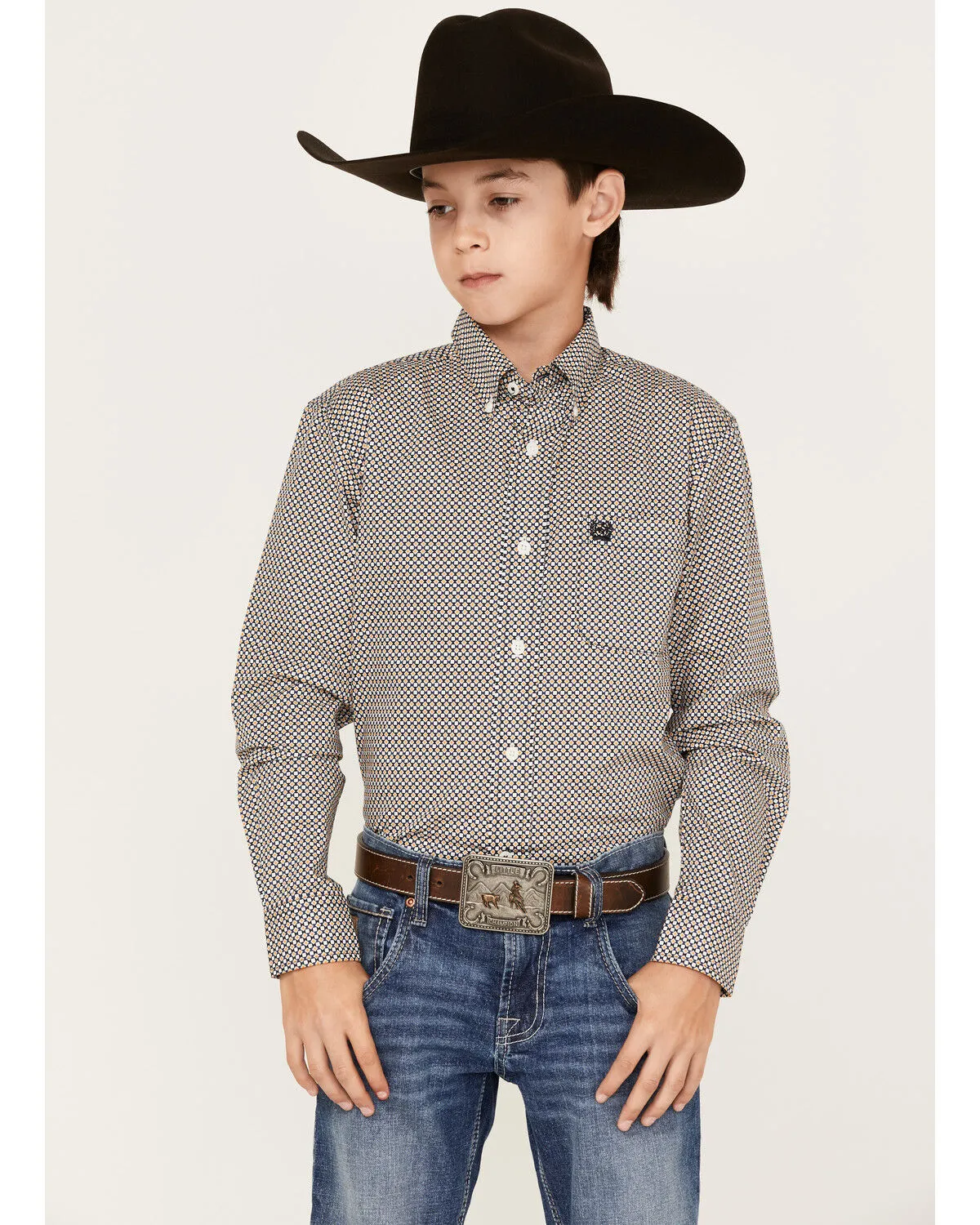 Cinch Boys' Dotted Geo Print Long Sleeve Button-Down Shirt