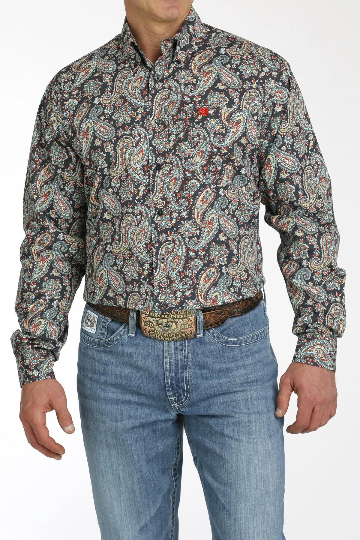 Cinch Mens Paisley Print L/S  Button Down Shirt - Charcoal/Red/Turquoise - MTW1105745