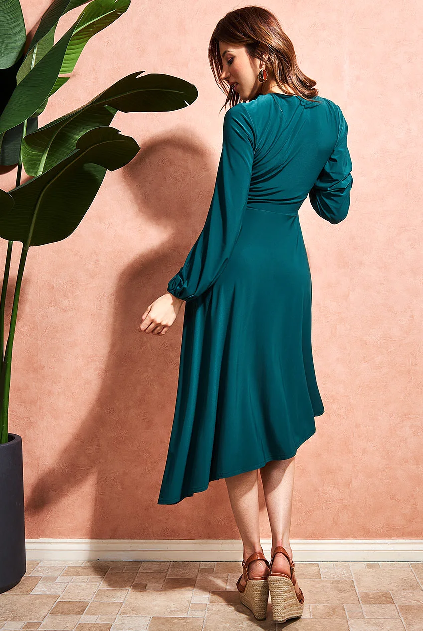 City Goddess Asymmetrical Wrap Midi Dress