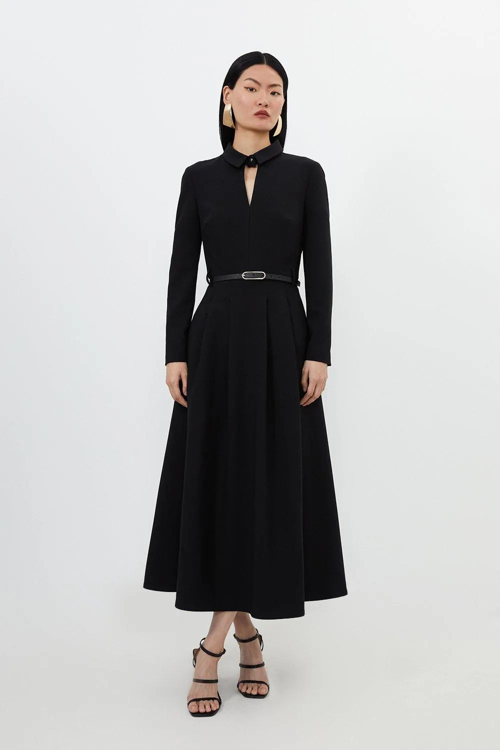 Clean Tailored Pleat Detail Full Skirted Shirt Dress | Karen Millen