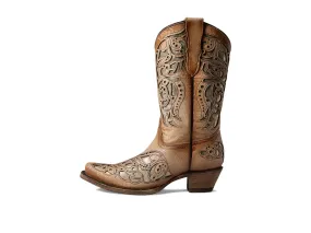 Corral Youth 11 Beige Embroidery Inlay Snip Toe Cowgirl Boots