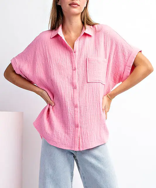 Cotton Gauze Button Down Top - Bubble Pink