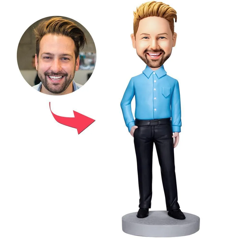 Custom Bobblehead Executive Man In Blue Shirt with Engraved Text