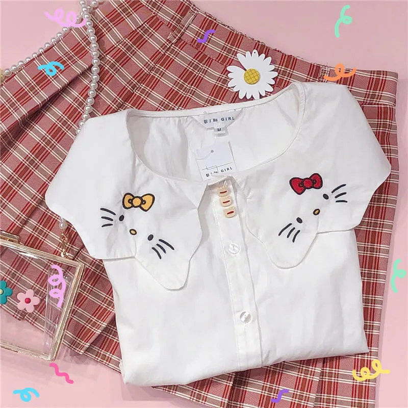 CUTE CAT EMBROIDERY WHITE SHIRT BY42906