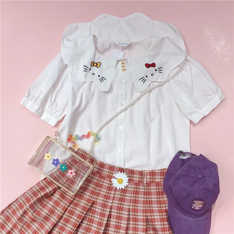 CUTE CAT EMBROIDERY WHITE SHIRT BY42906