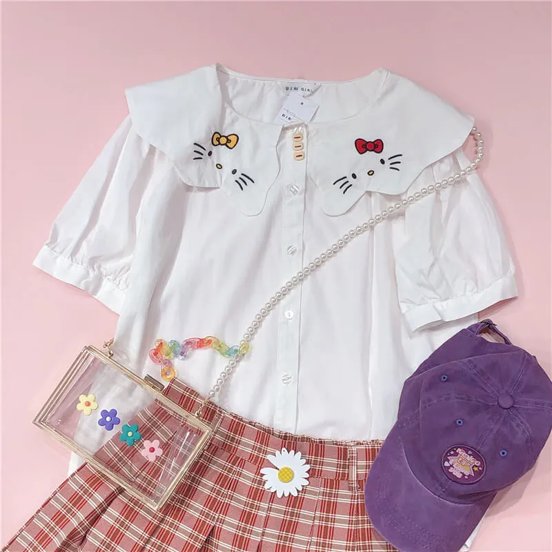 CUTE CAT EMBROIDERY WHITE SHIRT BY42906