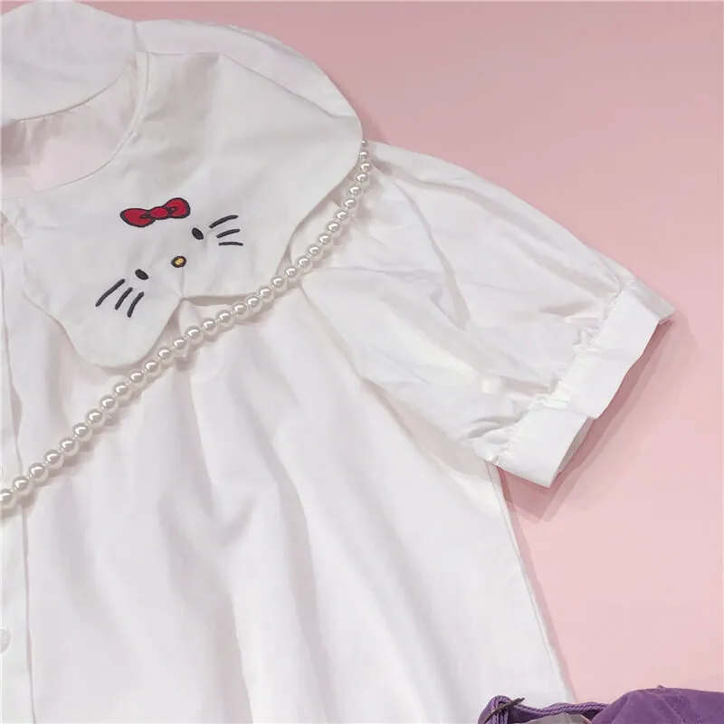 CUTE CAT EMBROIDERY WHITE SHIRT BY42906