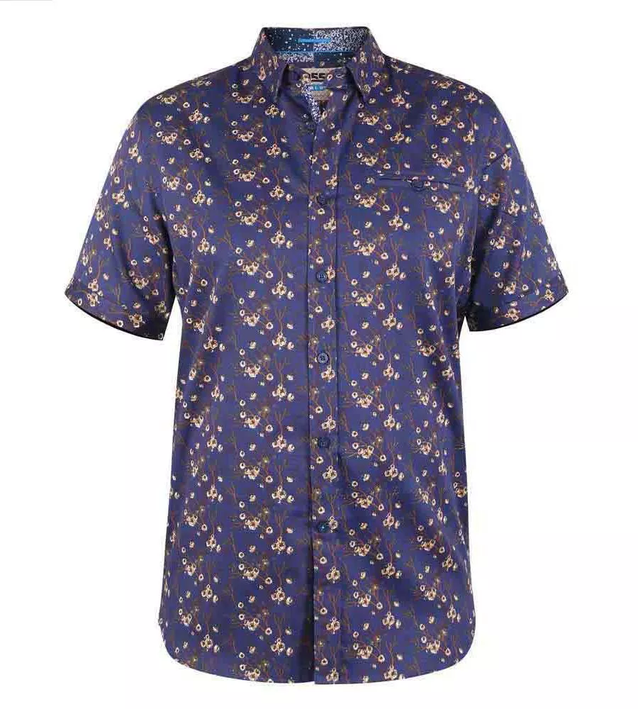 D555 Big Mens Navy Short Sleeve Shirt With Floral Print (KINGSTON)