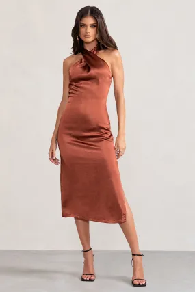 Dazzling | Rust Satin Cross Over Halter Neck Midi Dress