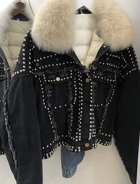 Detachable Fur Trimmed Black Denim Jacket With Studs