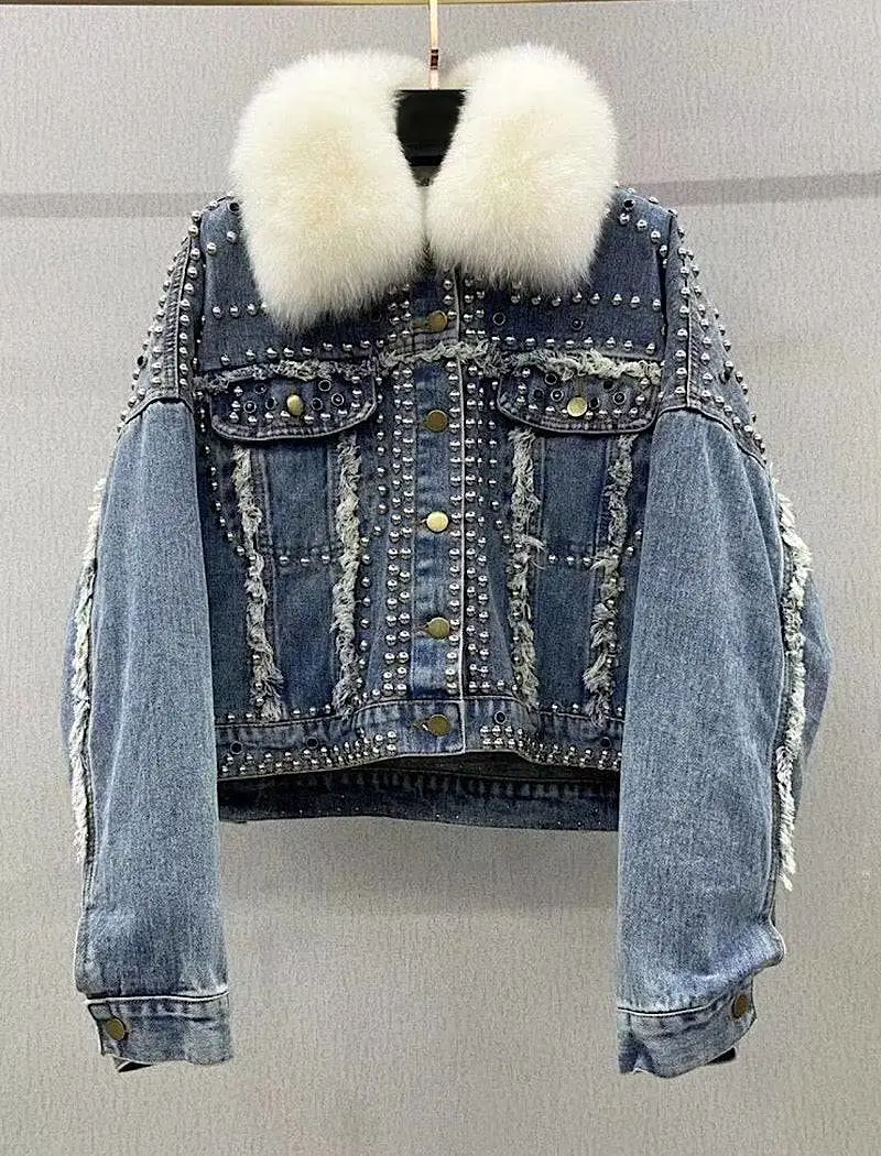 Detachable Fur Trimmed Blue Denim Jacket With Studs