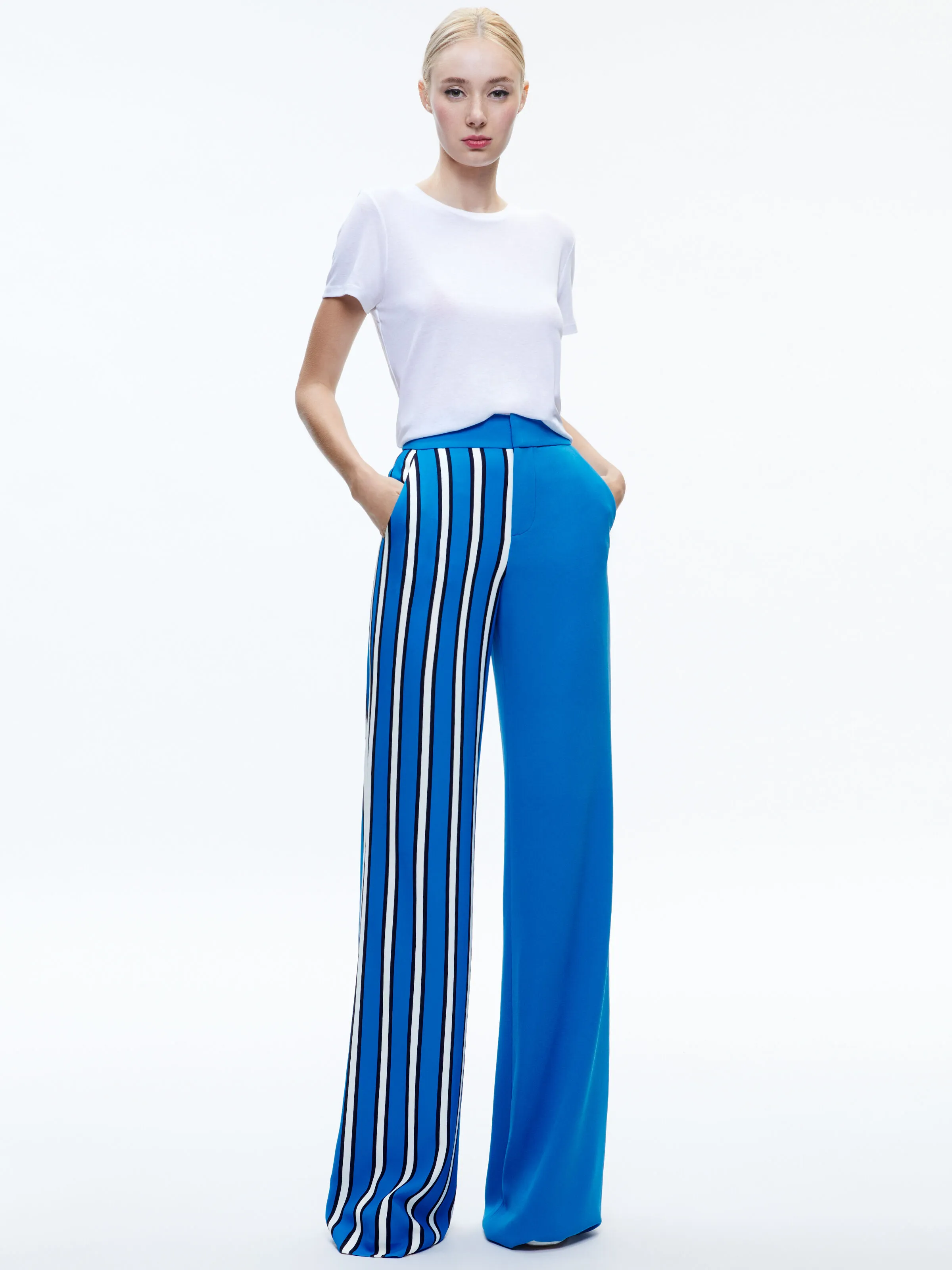 DIMITRA OVERSIZED HIGH LOW BUTTON DOWN SHIRT + DYLAN HIGH RISE COLORBLOCK PANT