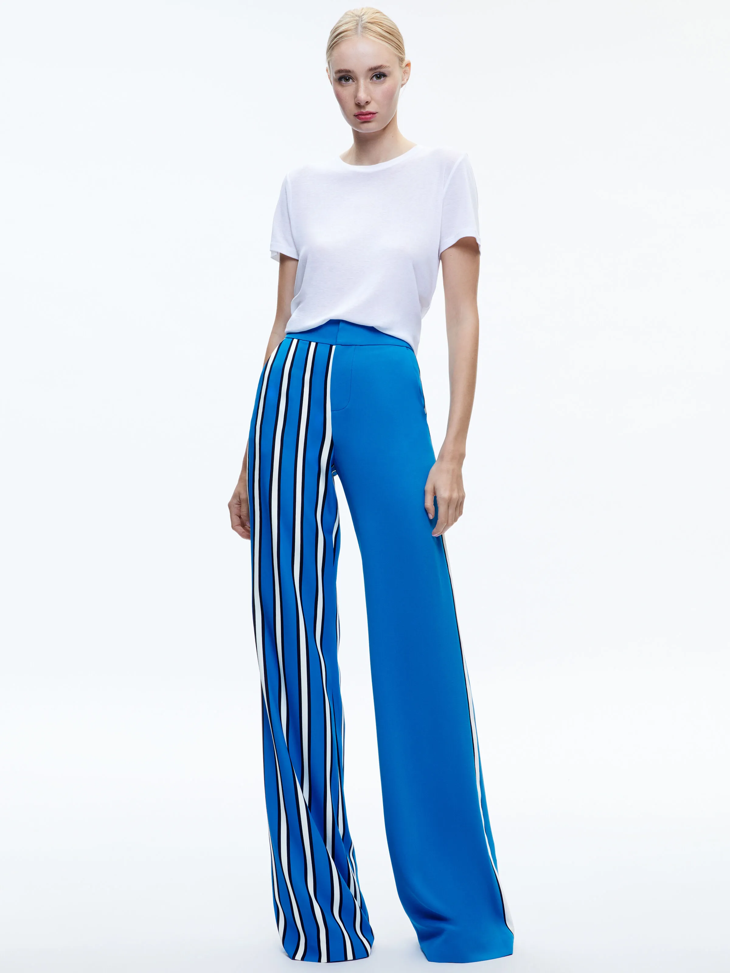 DIMITRA OVERSIZED HIGH LOW BUTTON DOWN SHIRT + DYLAN HIGH RISE COLORBLOCK PANT