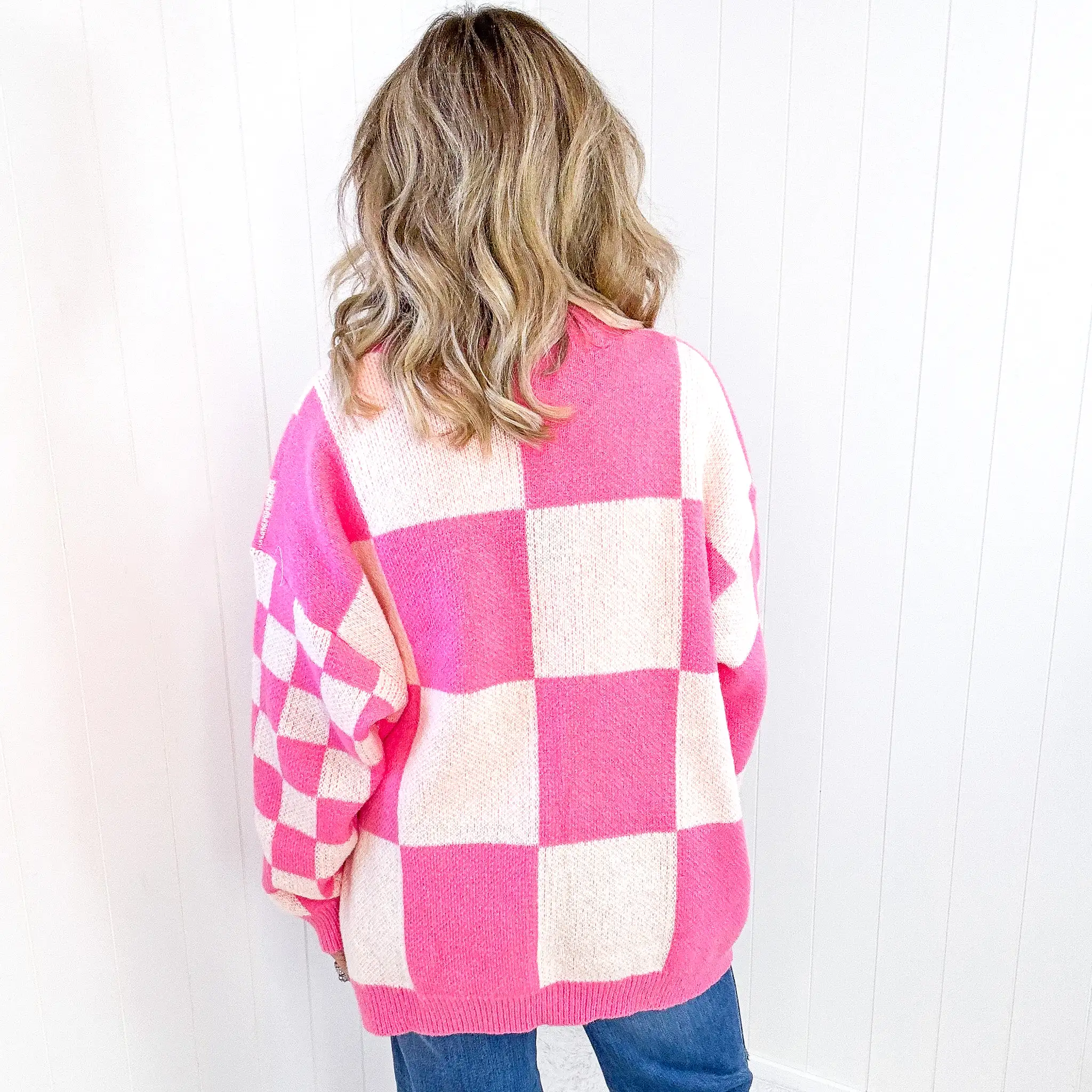 Don't Stop Me Now Oversized Pink Checkered Cardigan