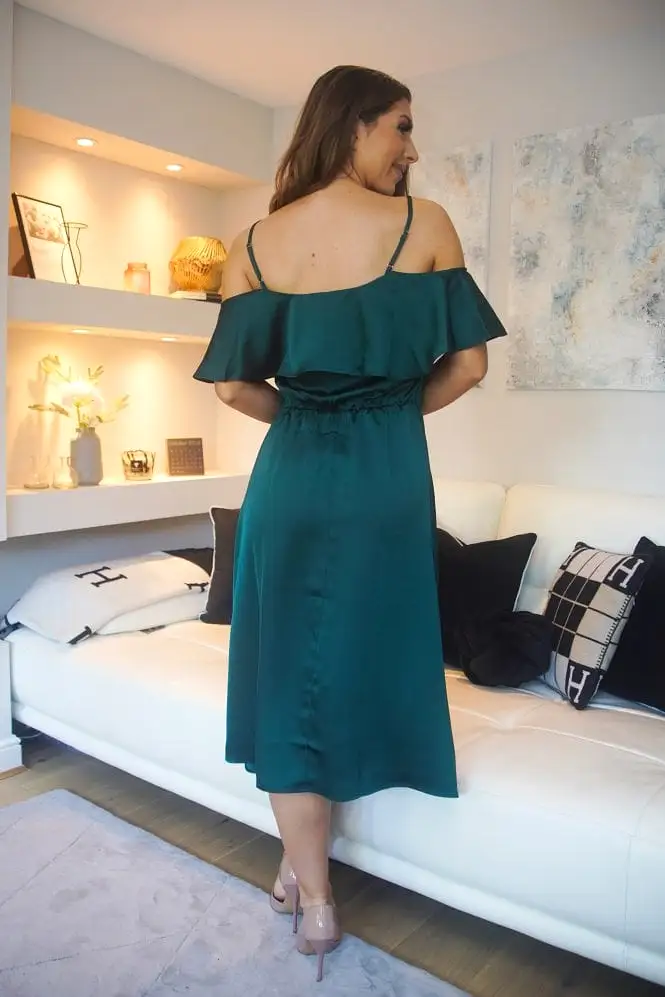 Double Second Green Off Shoulder Satin Midi Dress