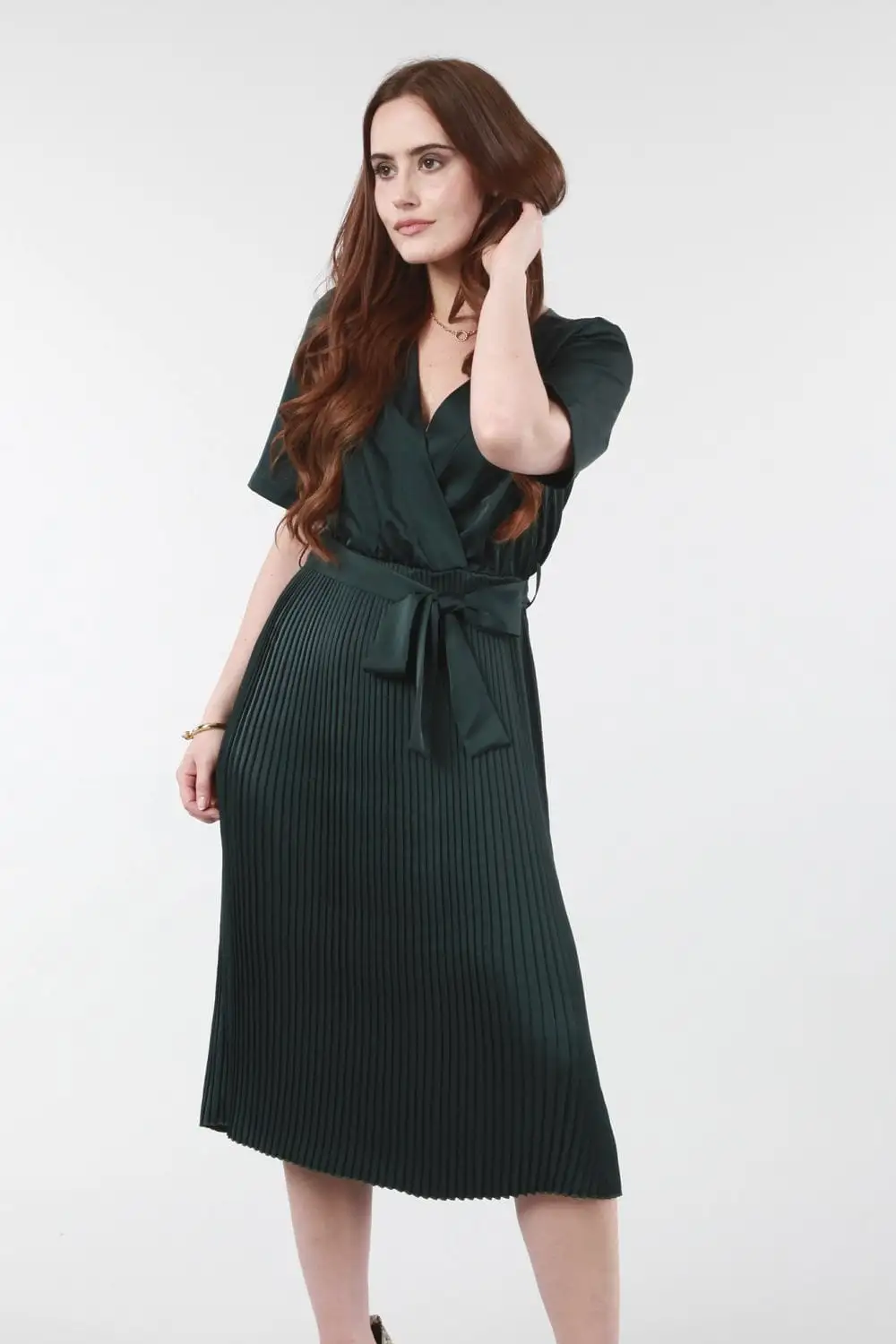 Double Second Satin Wrap Front Pleated Midi Dress