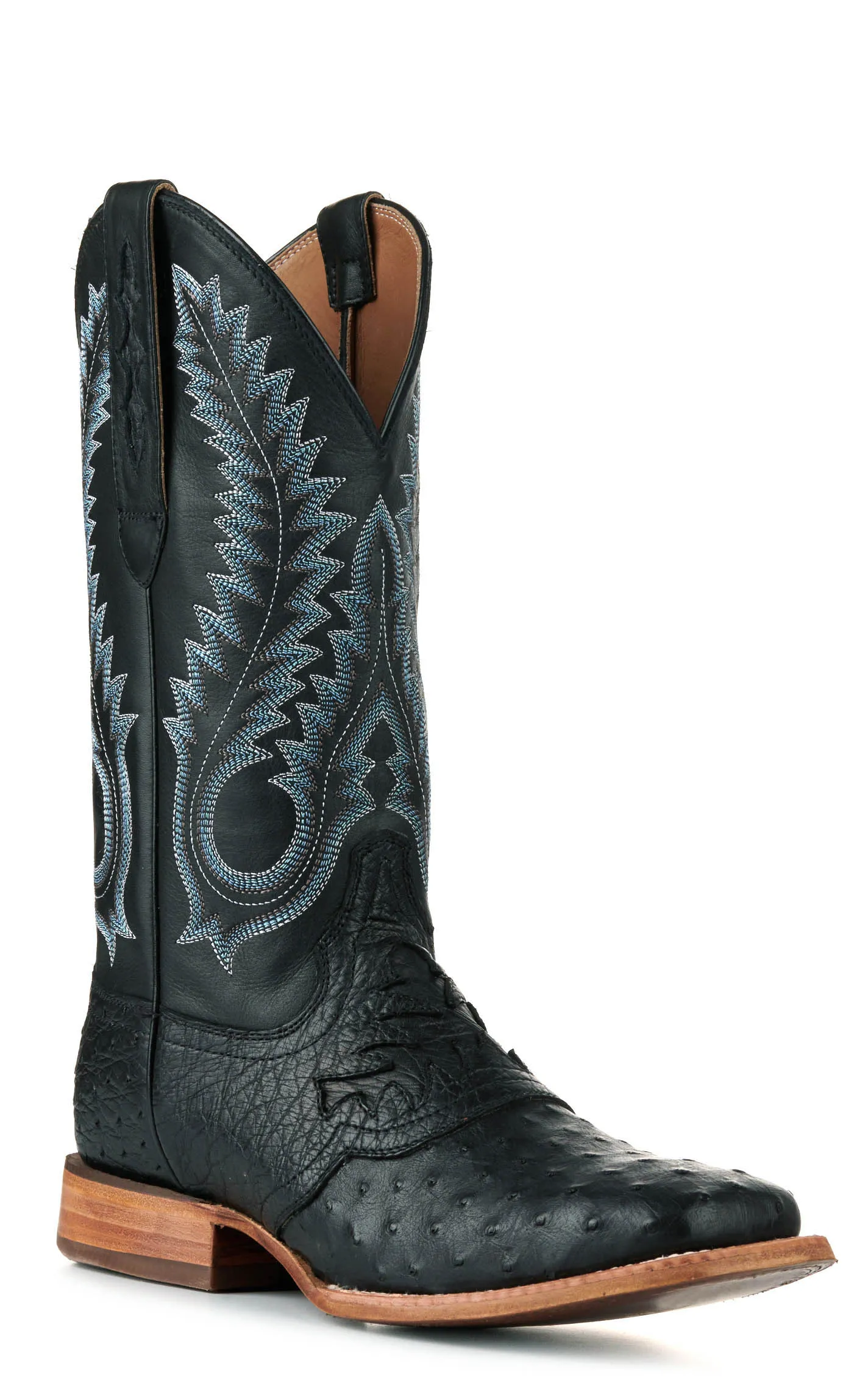 Durango Men's Black Full Quill Ostrich Saddle Vamp Wide Square Toe Exotic Cowboy Boots