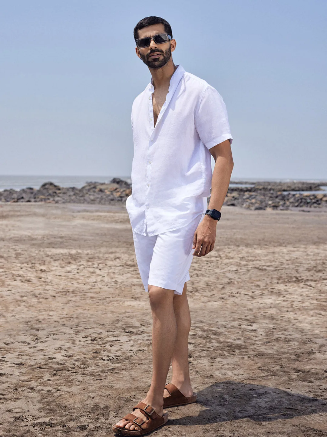 Essential 100% Linen Mandarin Collar White Shirt - Relajarse